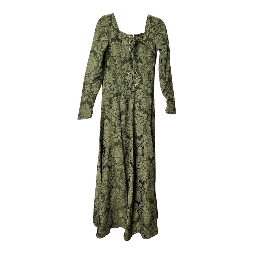 Homemade Brocade Green Renaissance Maxi Dress Whimsigoth Damask Corset Medieval - Picture 3 of 16